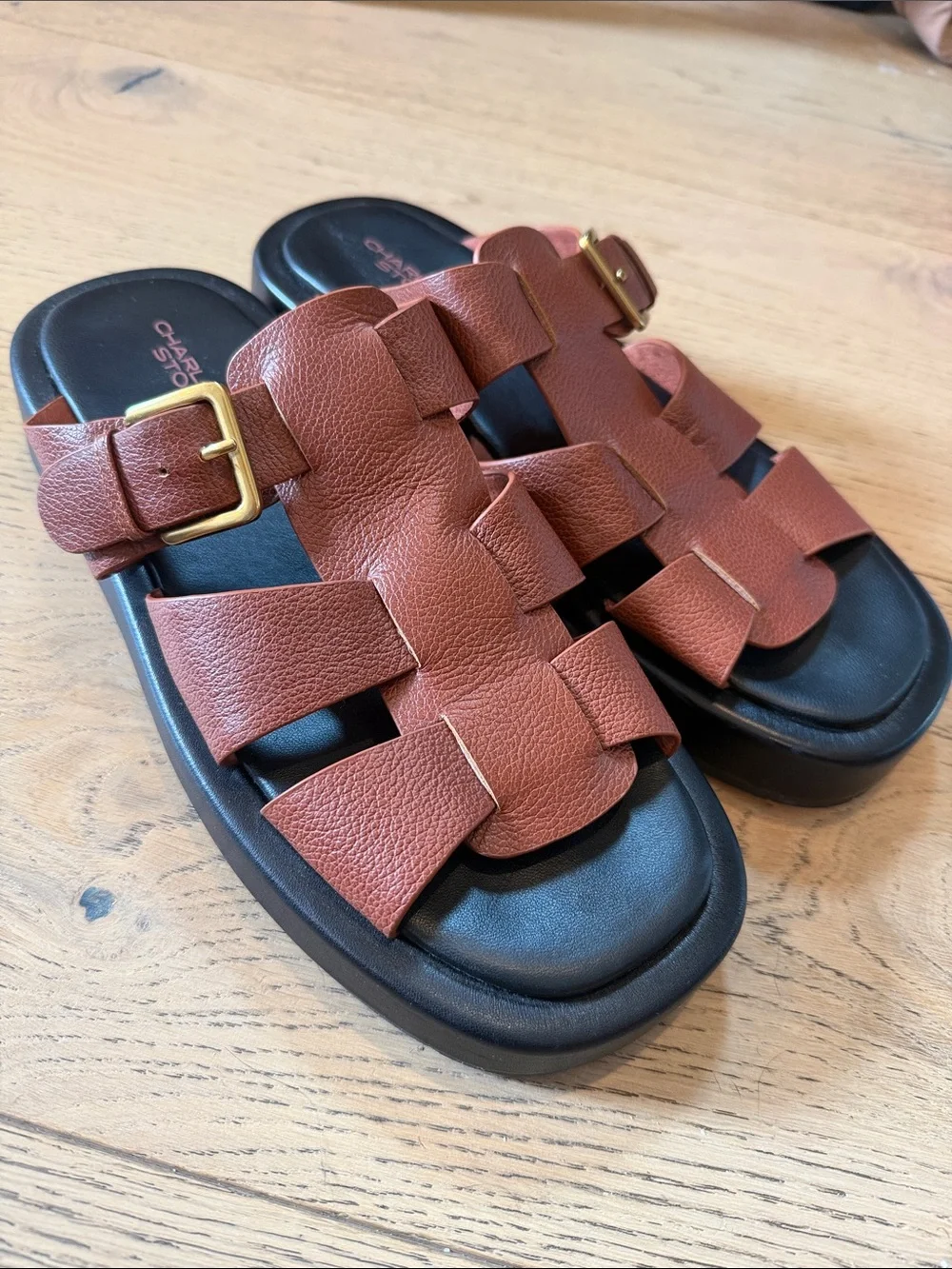 Charlotte Stone brown Woven Leather Slide Sandals with Gold Buckles - Picture 3 of 5